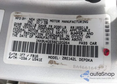 2009 Toyota Corolla Le из США, поврежденный, VIN 1NXBU40E59Z120264